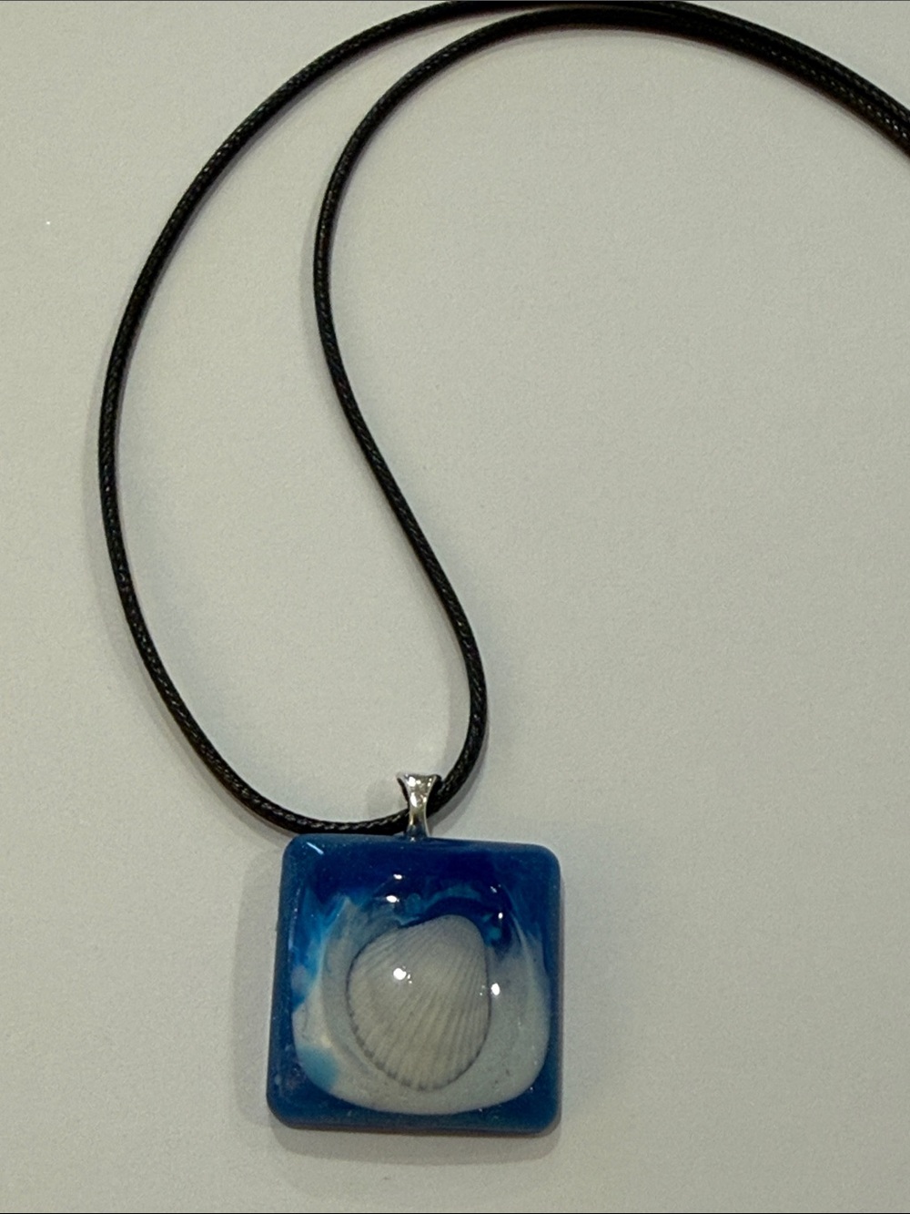 Blue Resin Square Pendant Necklace - Handmade , with a Shell enclosed.